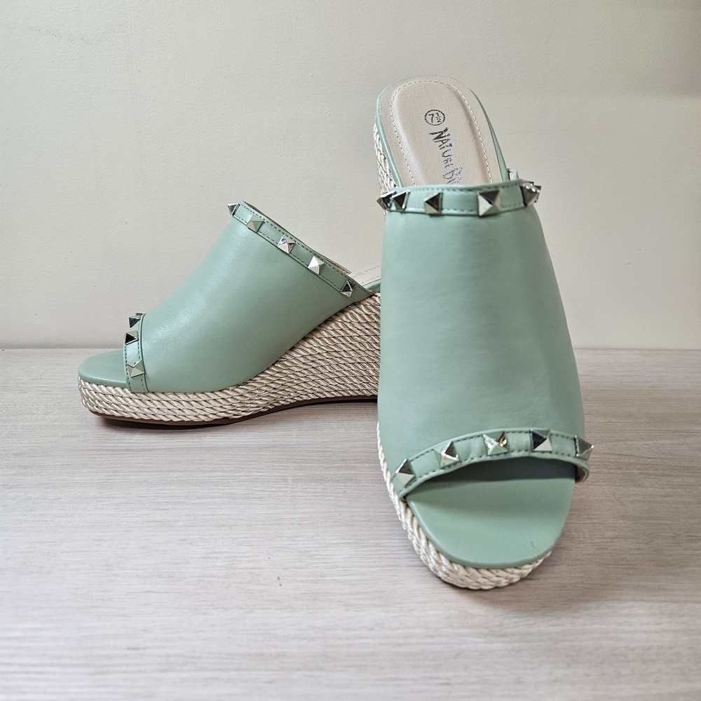 NATURE BREEZE | Size 11 | Soft Sage Studded Espadrille Platform Wedges
